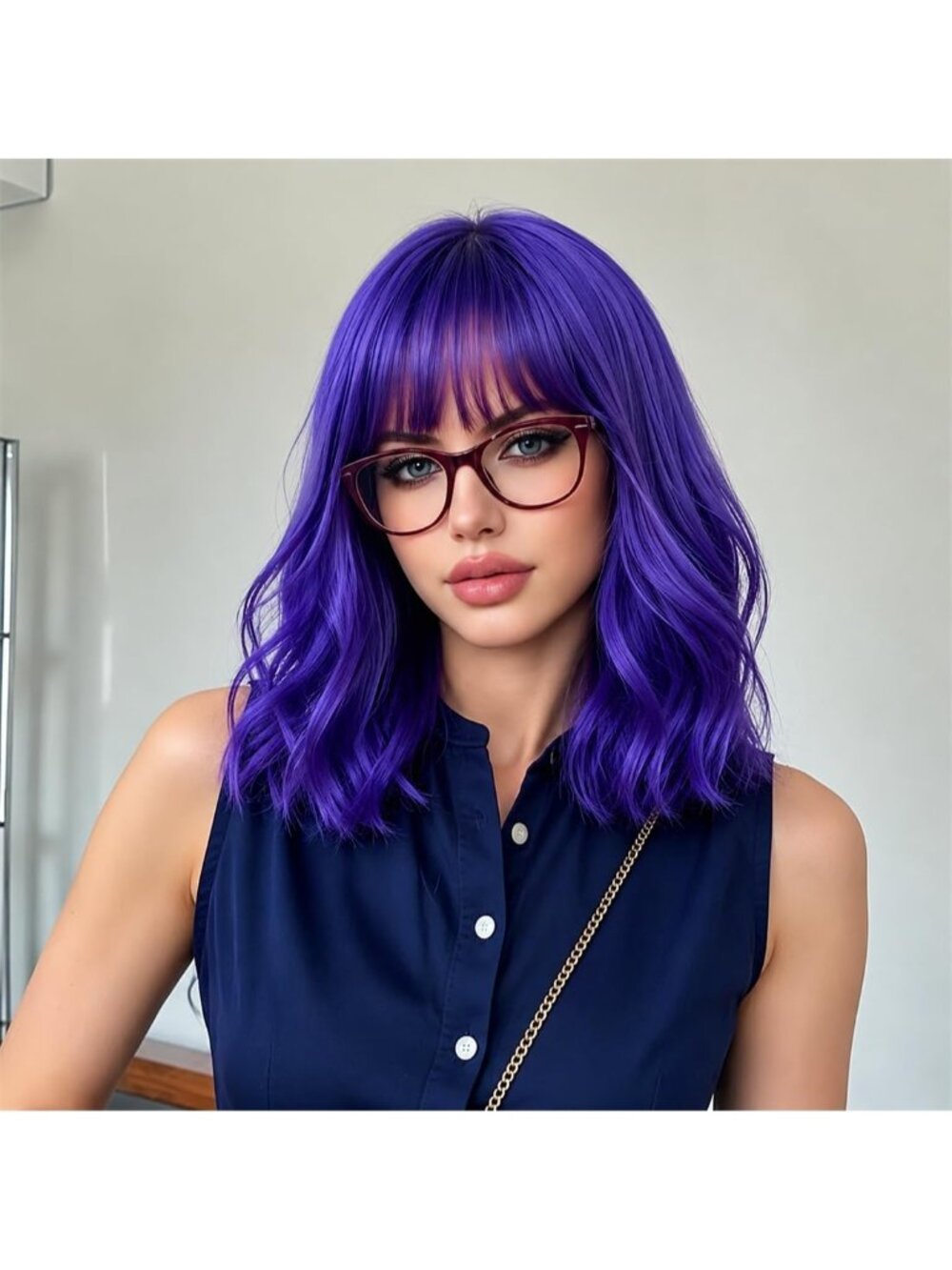 Women's Royal Blue Bob with Bangs Wavy Adult Synthetic Shoulder Length Wig